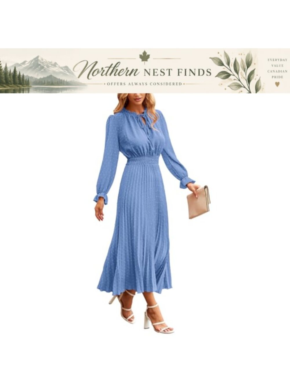 Women's Swiss Dot Midi Dress Long Sleeve V Neck Pleated A Line Flowy